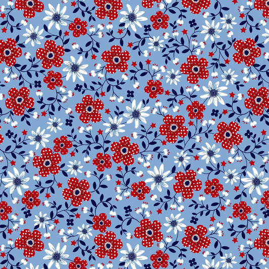 Star-Spangled Beach Patriotic Daisies Chambray Light Blue Sharon Lee Studio E Cotton Fabric