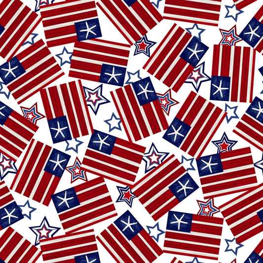 Star-Spangled Beach Tossed Flags and Stars White Sharon Lee Studio E Cotton Fabric