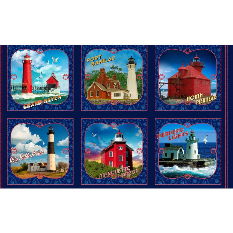 Starlit Towers Lgend Towers Squares Lighthouses Panel 24" Navy Michael Miller Cotton Fabric MM-DCX12715-NAVY-D