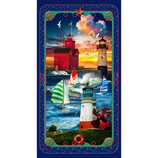 Starlit Towers Lighthouses Cliffside Lantern Panel 24" Navy Michael Miller Cotton Fabric MM-DCX12716-NAVY-D