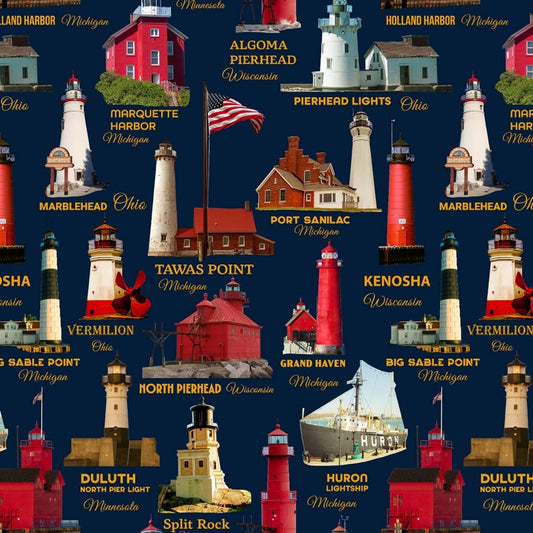 Starlit Towers Twilight Towers Lighthouses Navy Michael Miller Cotton Fabric MM-DCX12709-NAVY-D