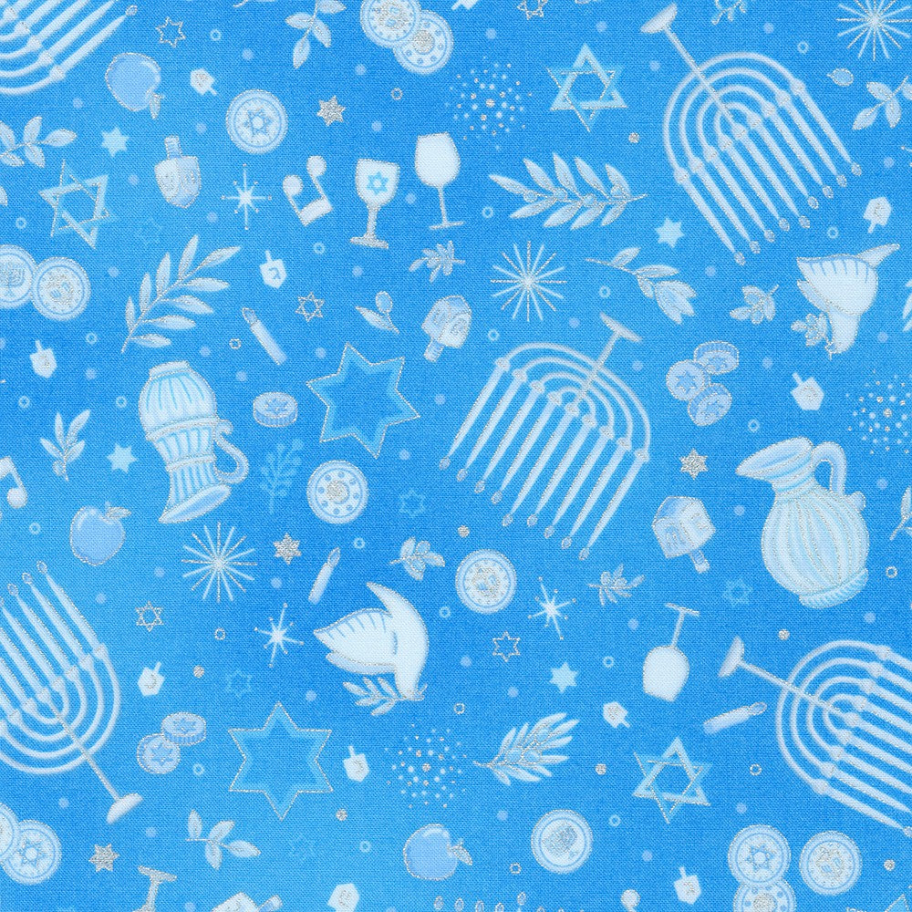 Stars of Light Hanukkah Motifs Symbol Menorah Light Blue Robert Kaufman Cotton Fabric