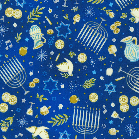 Stars of Light Hanukkah Motifs Symbol Menorah Navy Robert Kaufman Cotton Fabric