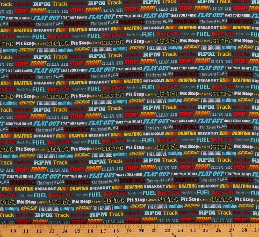 Start your Engines Car Drivers Term Words Dark Gray Robert Giordano Henry Glass Cotton Fabric