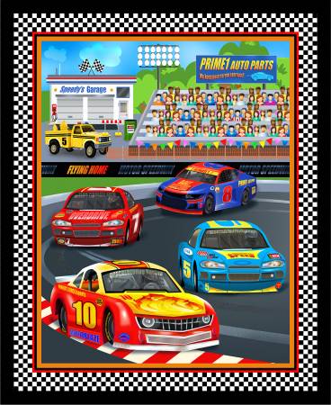 Start your Engines Race Track Banner Panel 30" Black Robert Giordano Henry Glass Cotton Fabric