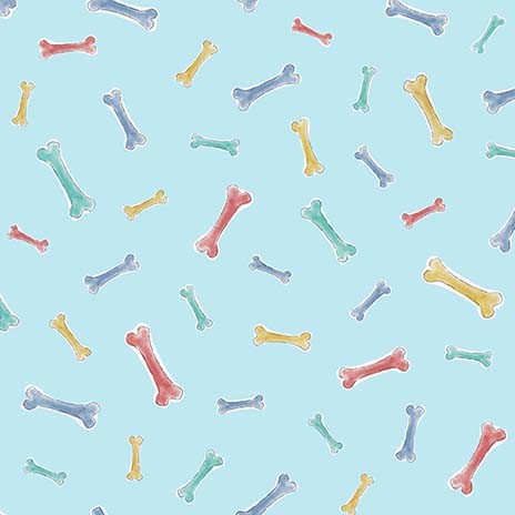 Stay Pawsitive Yummy Treats Bones Tossed Blue Michael Miller Cotton Fabric | US Fabric Shop