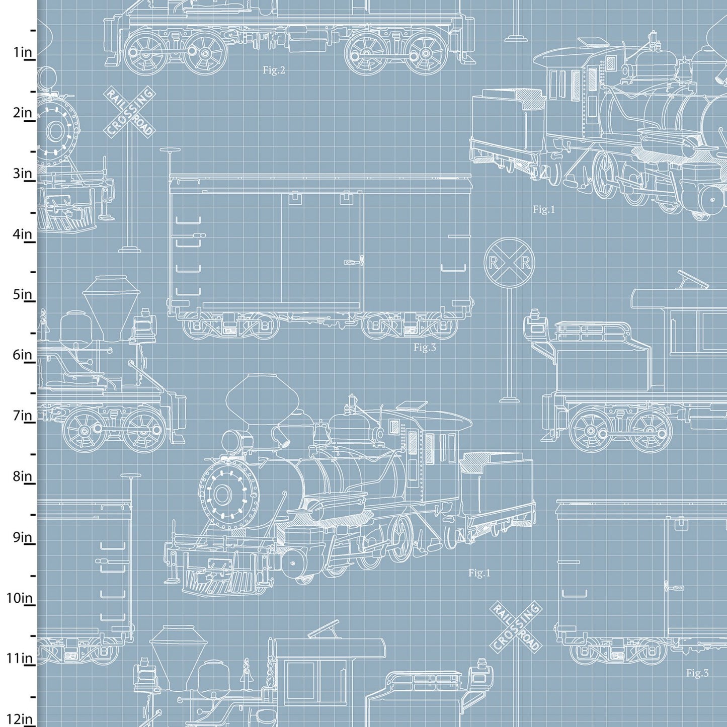 Steam the Spring Map Railroad Blueprint Blue Michael Shelton 3 Wishes Cotton Fabric