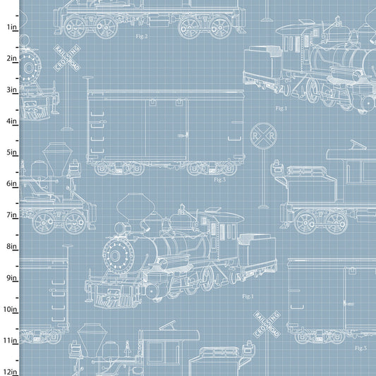 Steam the Spring Map Railroad Blueprint Blue Michael Shelton 3 Wishes Cotton Fabric