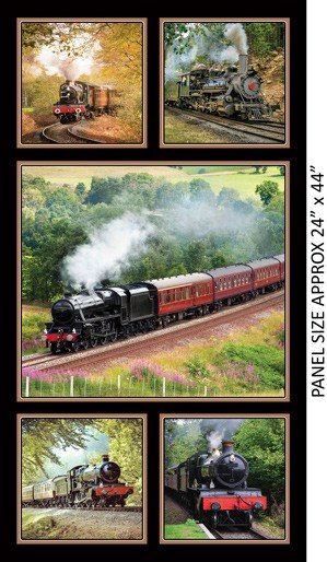 Steam Trains Panel 24" Black Kennard & Kennard Cotton Fabric KK-1098-D | US Fabric Shop