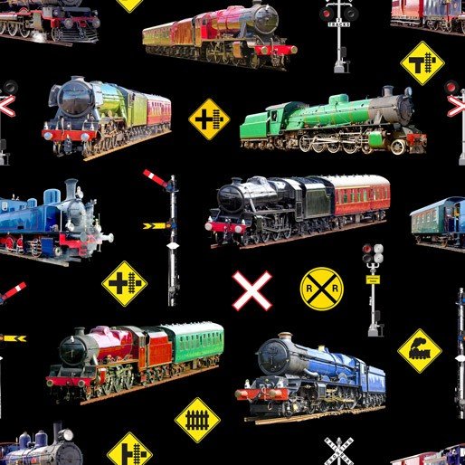 Steam Trains Signal Allover Black Kennard & Kennard Cotton Fabric KK-1098-L