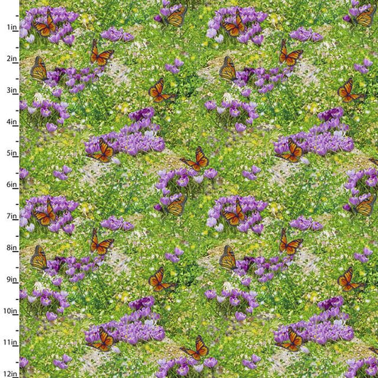 Steam the Spring Foliage Meadow Butterfly Green Michael Shelton 3 Wishes Cotton Fabric