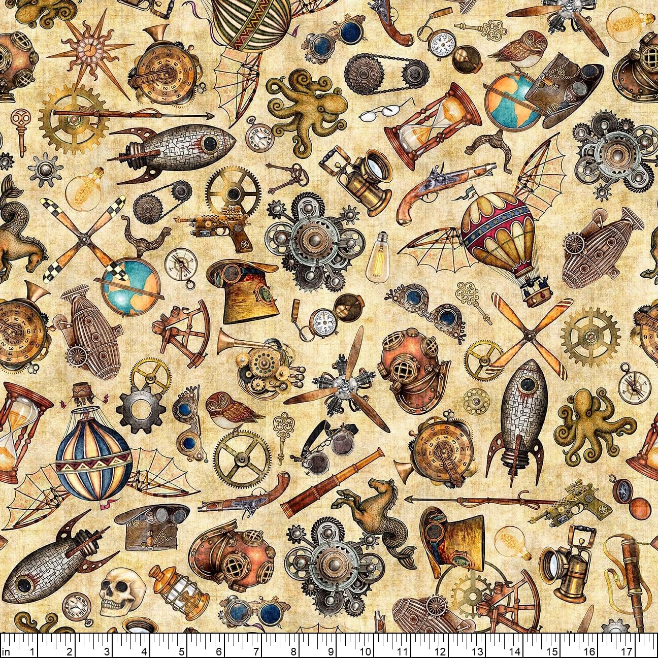 Steampunk Adventures Steampunk Toss Ecru Beige Dan Morris Quilting Treasures Cotton Fabric