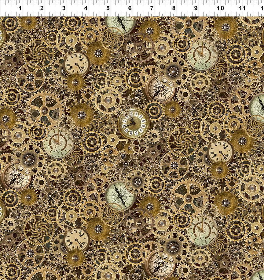 Steampunk Menagerie Gears Clock Gold Jason Yenter In the Beginning Fabrics Cotton Fabric ITB-6ST-1 | US Fabric Shop