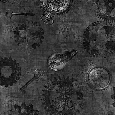 Steampunk Halloween 3 Gears Charcoal Black Desiree’s Designs Treasures Cotton Fabric QT-2600-31223-J