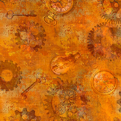 Steampunk Halloween 3 Gears Pumpkin Orange Desiree’s Designs Treasures Cotton Fabric QT-2600-31223-O