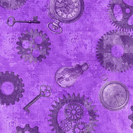 Steampunk Halloween 3 Gears Purple Desiree’s Designs Treasures Cotton Fabric QT-2600-31223-V