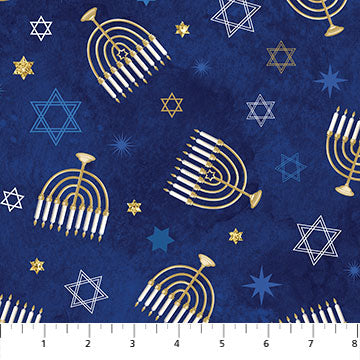 Stonehenge Happy Hanukkah Star of David and Menorahs Blue Northcott Fabrics Cotton Fabric