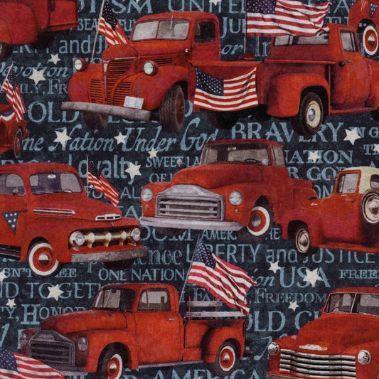 Stonehenge Stars & Stripes Red Trucks Navy Multi Deborah Edwards Northcott Cotton Fabric