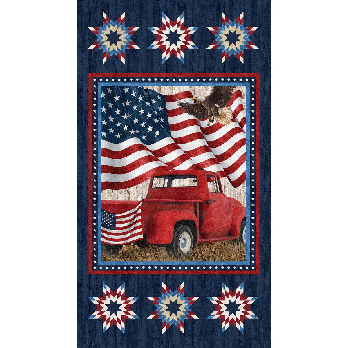 Stonehenge Stars & Stripes US Flag Red Truck Panel 24” Navy Multi Deborah Edwards Northcott Cotton Fabric