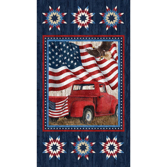 Stonehenge Stars & Stripes US Flag Red Truck Panel 24” Navy Multi Deborah Edwards Northcott Cotton Fabric