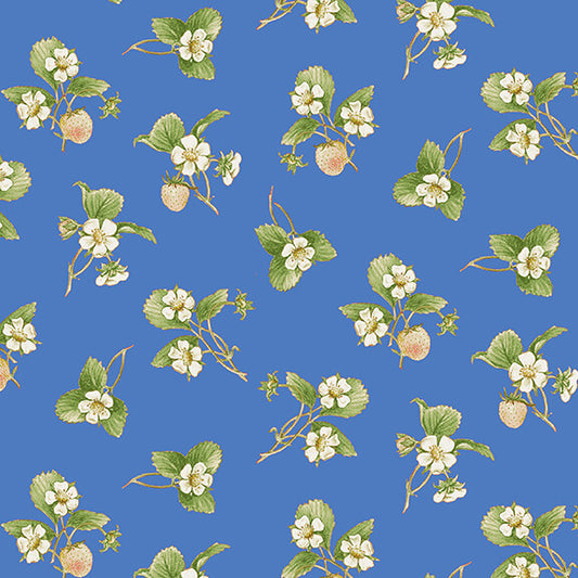 Strawberry Garden Tossed Strawberry Flower Blue Jane Shasky Henry Glass Cotton Fabric