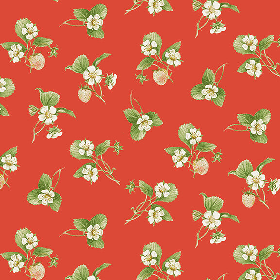 Strawberry Garden Tossed Strawberry Flower Red Jane Shasky Henry Glass Cotton Fabric