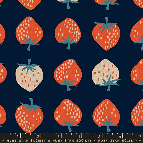 Strawberry Canvas Retro Kitsch Navy Dark Blue Kimberly Kight Ruby Star Society Moda Cotton Linen Fabric MD-RS3087-18L | US Fabric Shop