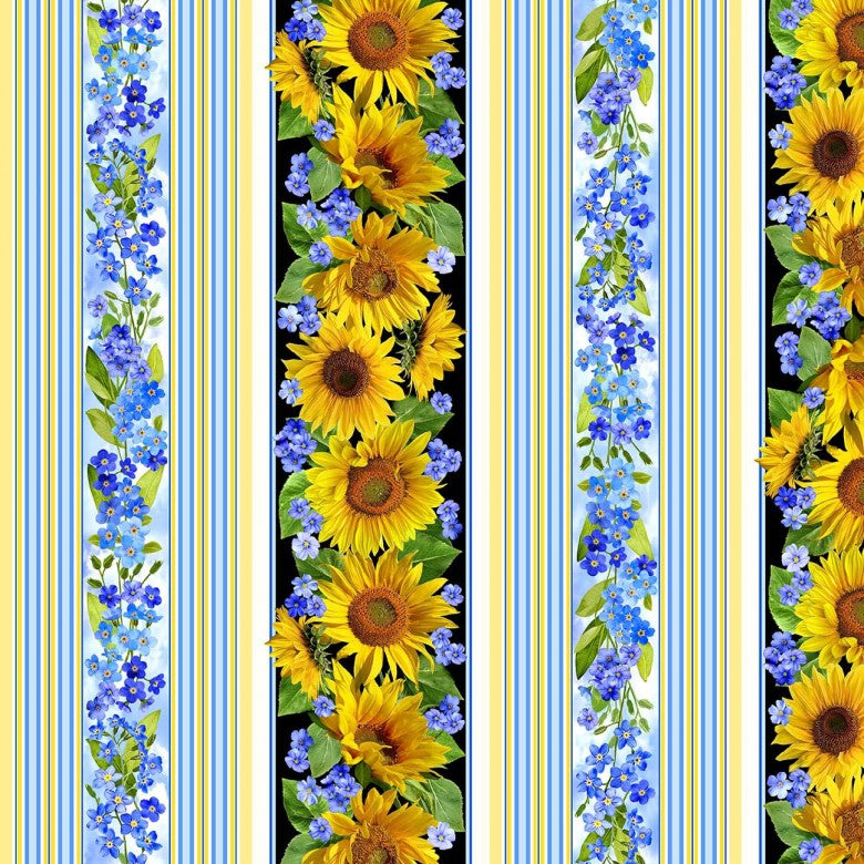 Summer Sunflowers Stripe Summer Blue Michael Miller Cotton Fabric