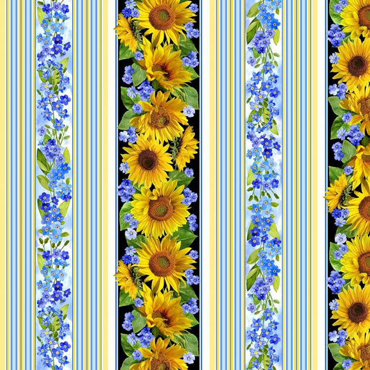 Summer Sunflowers Stripe Summer Blue Michael Miller Cotton Fabric