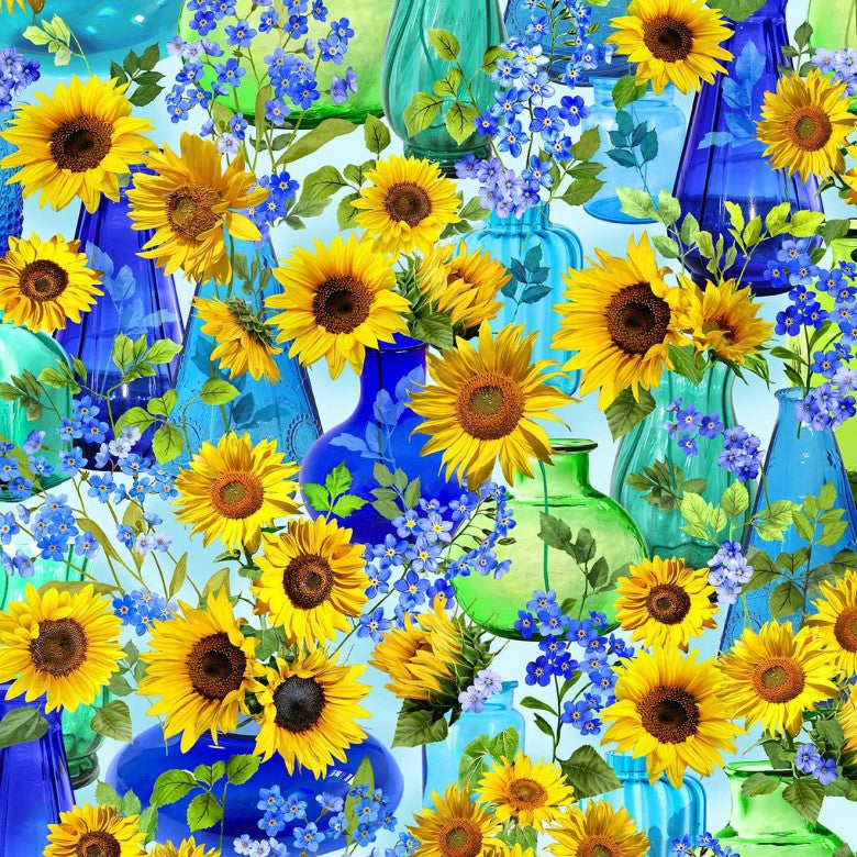 Summer Sunflowers Sunflower a Jar Cobalt Blue Michael Miller Cotton Fabric