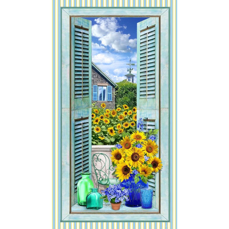 Summer Sunflowers Window Floral Panel 24" Summer Blue Michael Miller Cotton Fabric