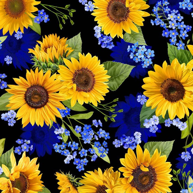 Summer Sunflower Blooms Black Michael Miller Cotton Fabric MM-DCX11678-BLAC-D | US Fabric Shop