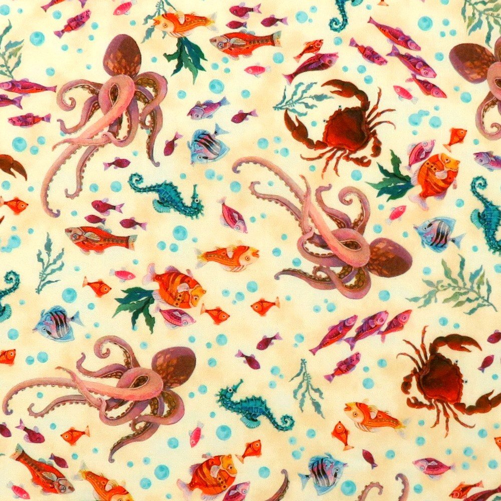 Sun & Sea Sea Life Ecru Cream David Galchutt Quilting Treasures Cotton Fabric QT-28678-E | US Fabric Shop