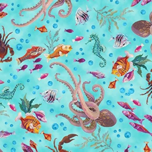 Sun and Sea Ocean Toss Turquoise David Galchutt Quilting Treasures Cotton Fabric