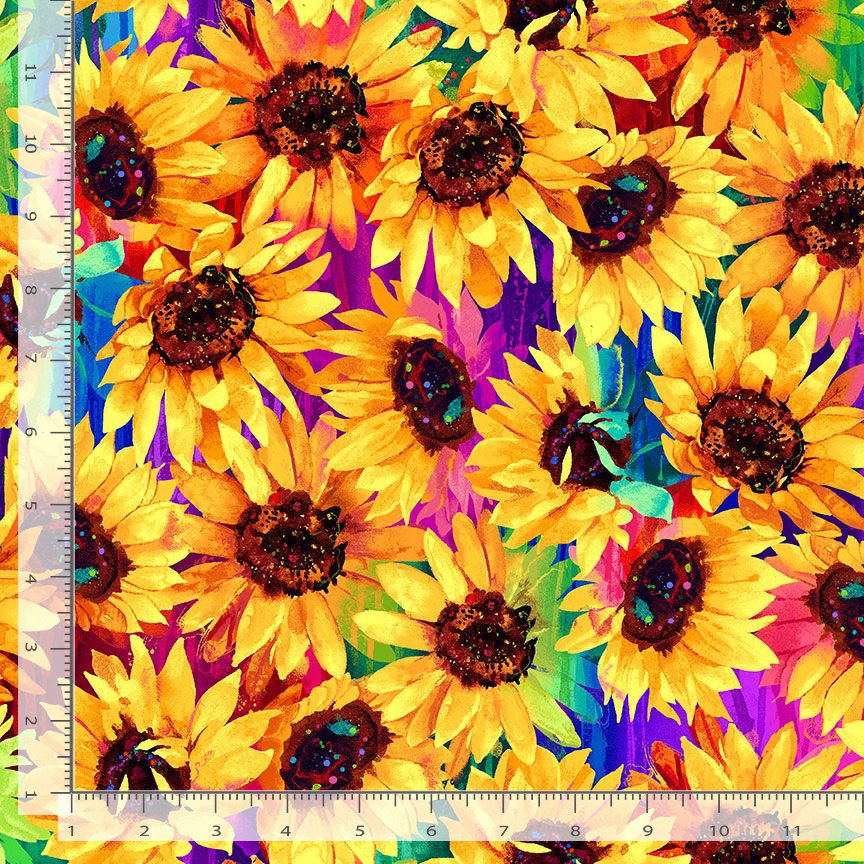 Sundance Packed Sunflowers Multi Chong-A-Hwang Timeless Treasures Cotton Fabric TT-FLORA-CD3303-MULTI | US Fabric Shop