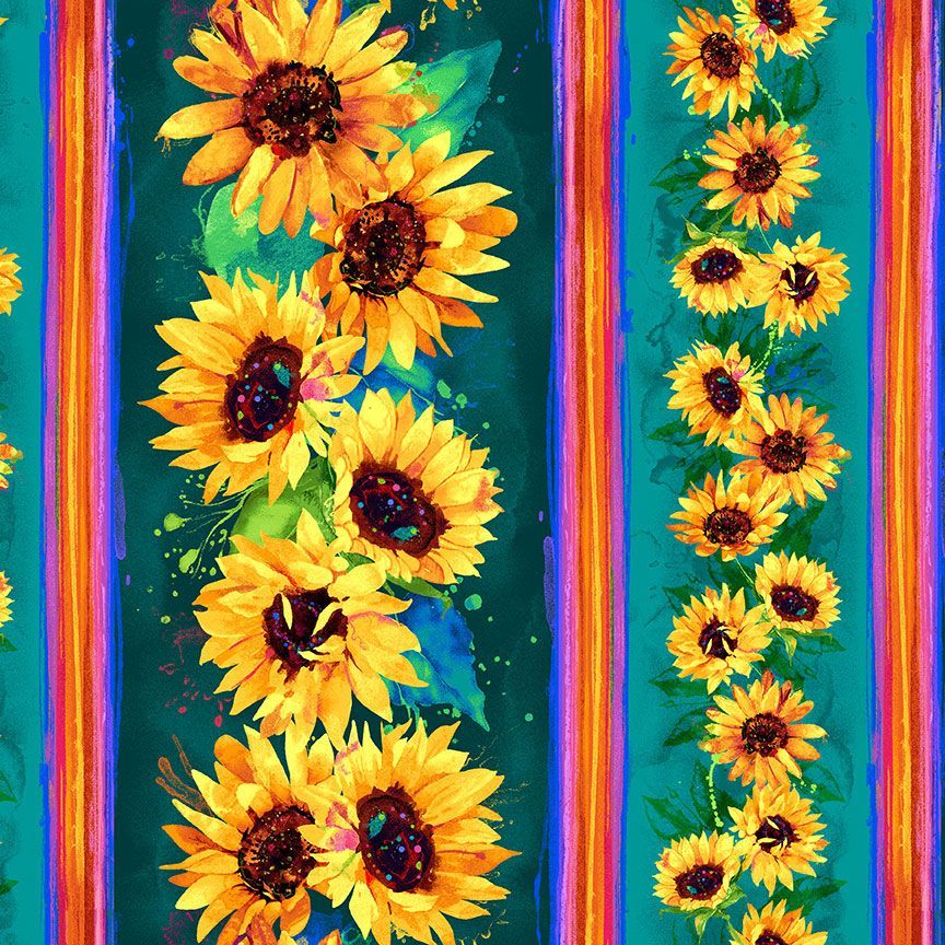 Sundance Sunflowers 11 Stripes Teal Green Chong-A-Hwang Timeless Treasures Cotton Fabric  TT-FLORA-CD3302-TEAL