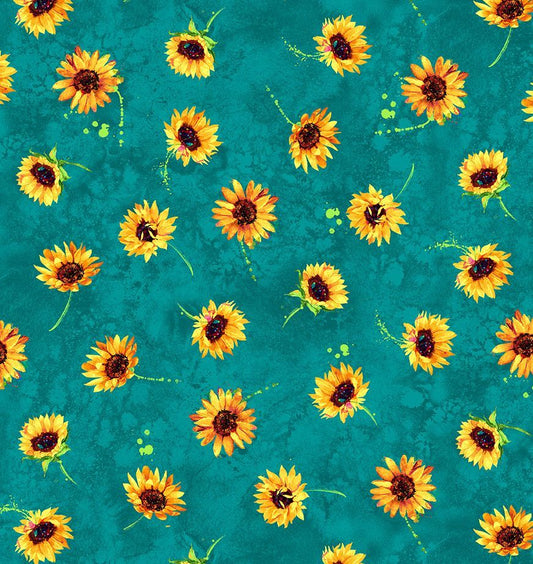 Sundance Sunflowers Tossed Small Sunflowers Teal Green Chong-A-Hwang Timeless Treasures Cotton Fabric  TT-FLORA-CD3304-TEAL