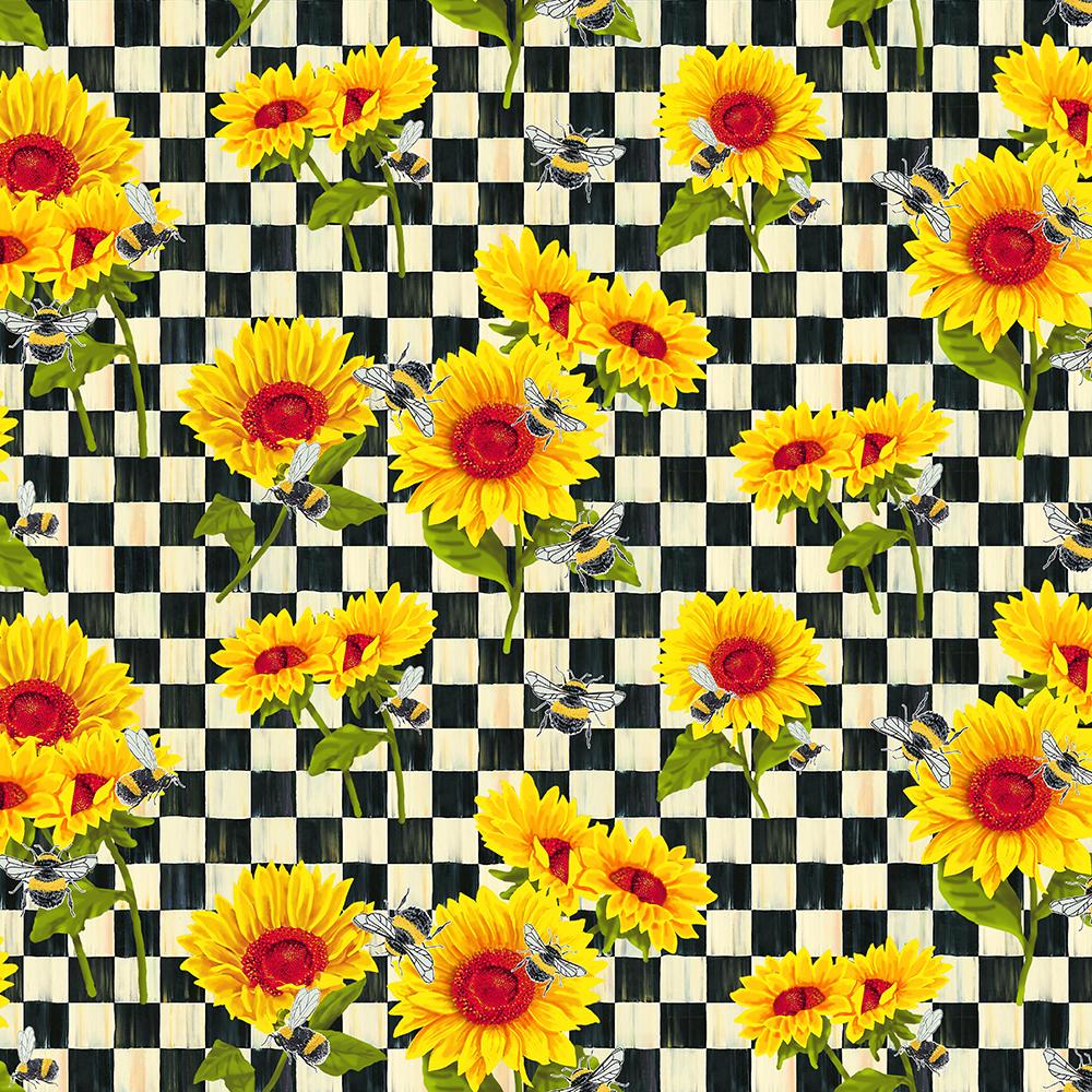 Sunflowers and Bees Check Sykel Cotton Fabric