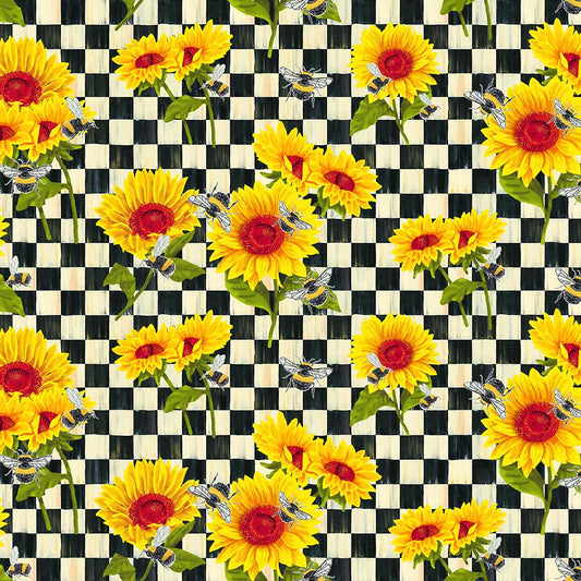 Sunflowers and Bees Check Sykel Cotton Fabric