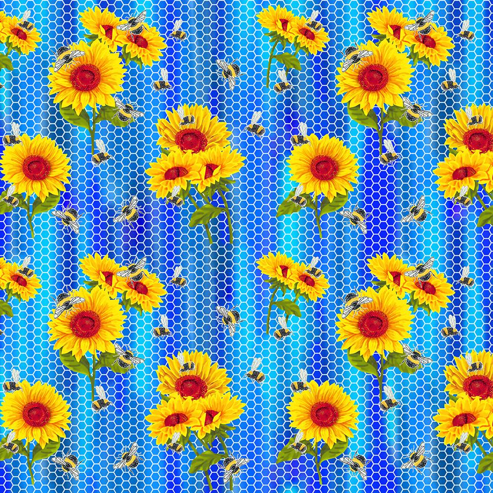 Sunflowers Blue Honeycomb Sykel Cotton Fabric