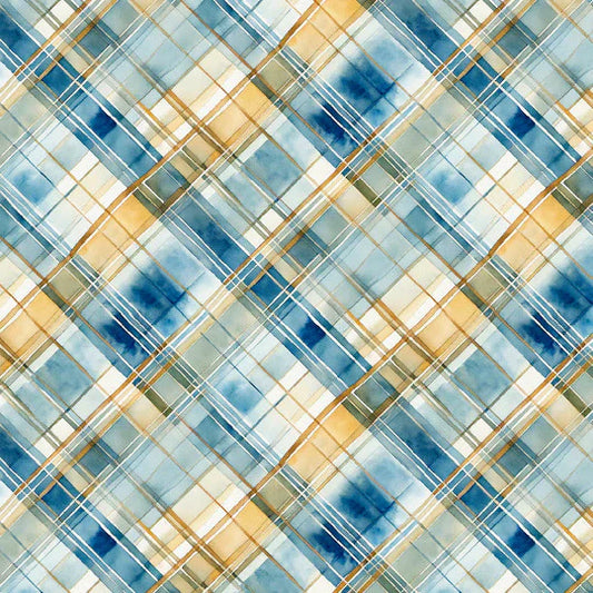 Sunkissed Plaid Blue Yellow Nancy Mink Wilmington Prints Cotton Fabric WP-1665-33920-145
