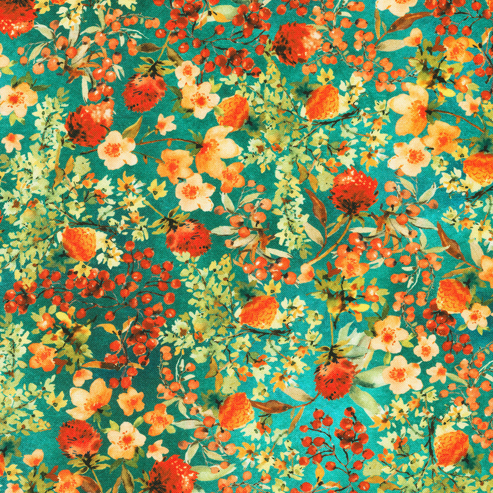 Sunlit Garden Floral Turquoise Blue Lauren Wan Robert Kaufman Cotton F ...