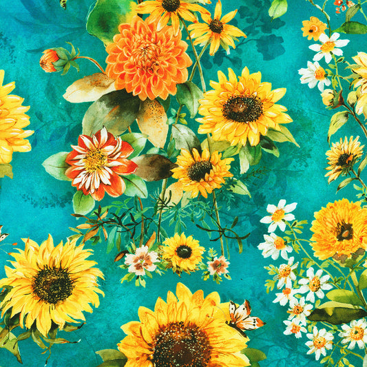 Sunlit Garden Sunflower Turquoise Blue Lauren Wan Robert Kaufman Cotton Fabric