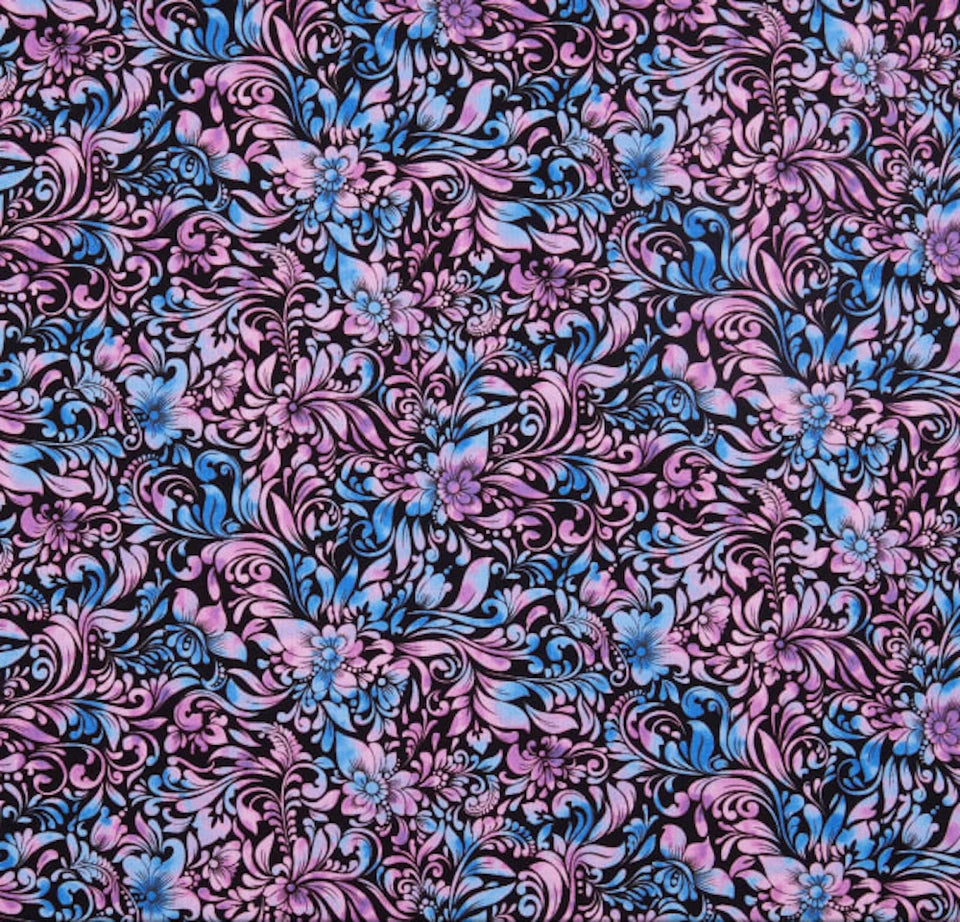 Sunrise Garden Scrolly Flower Blue Blank Quilting Cotton Fabric BQ-2246-77
