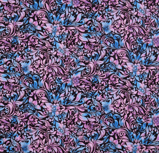 Sunrise Garden Scrolly Flower Blue Blank Quilting Cotton Fabric BQ-2246-77