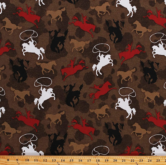 Sunset Rodeo Bucking Broncos Tossed Brown Henry Glass Cotton Fabric