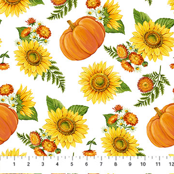 Sunshine Harvest Open Sunflowers Pumpkins White Multi Northcott Cotton Fabric