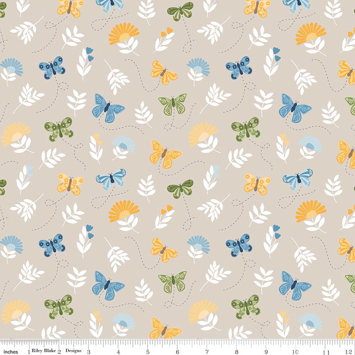 Sunshine & Dandelions Butterflies Sand Beige Traci Reed Riley Blake Cotton Fabric RB-C17922-SAND