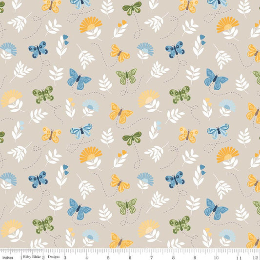 Sunshine & Dandelions Butterflies Sand Beige Traci Reed Riley Blake Cotton Fabric RB-C17922-SAND