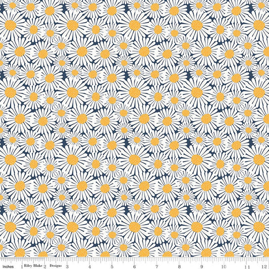 Sunshine & Dandelions Daisies Floral Navy Blue Traci Reed Riley Blake Cotton Fabric RB-C17923-NAVY